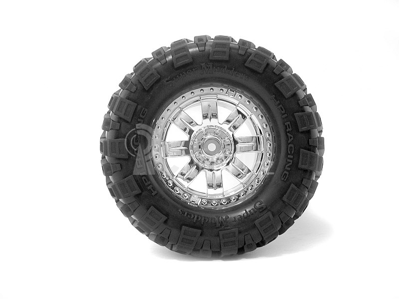 Nalepené Super Mudders gumy 155x85mm na chromových diskách, 2ks. pro Savage