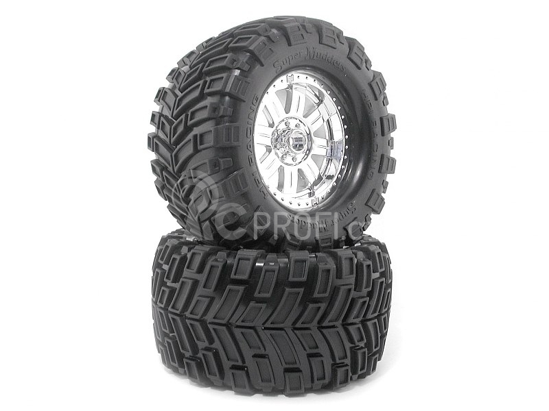 Nalepené Super Mudders gumy 155x85mm na chromových diskách, 2ks. pro Savage