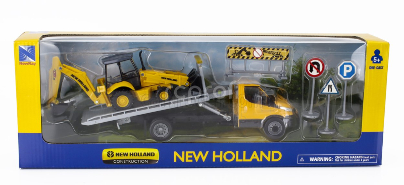 Newray Iveco fiat Daily Roll-off Pianale 2023 With Accessories + New Holland B110c Ruspa Gommata - Scraper Tractor 1:36 Žlutá Černá