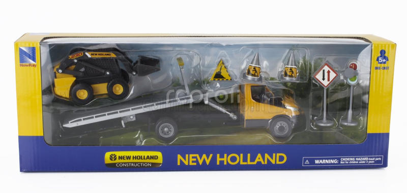 Newray Iveco fiat Daily Roll-off Pianale 2023 With Accessories + New Holland L228 Ruspa Gommata - Skid Steer Scraper Tractor 1:36 Žlutá Černá