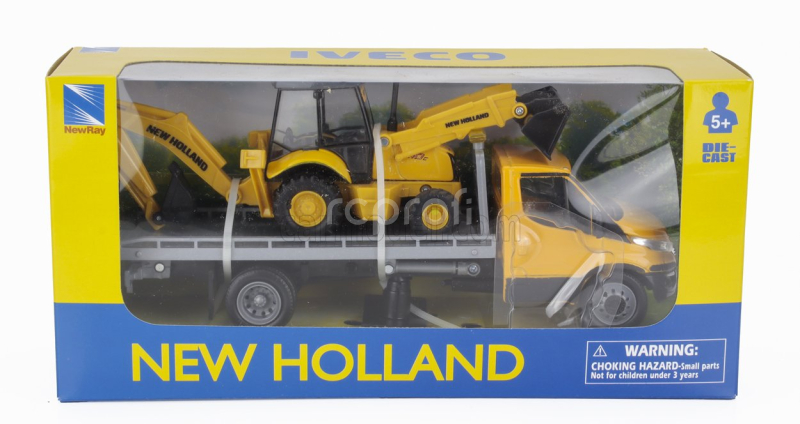 Newray Iveco fiat Daily Roll-off Pianale 2023 With New Holland B110c Ruspa Gommata - Scraper Tractor 1:36 Žlutá Černá