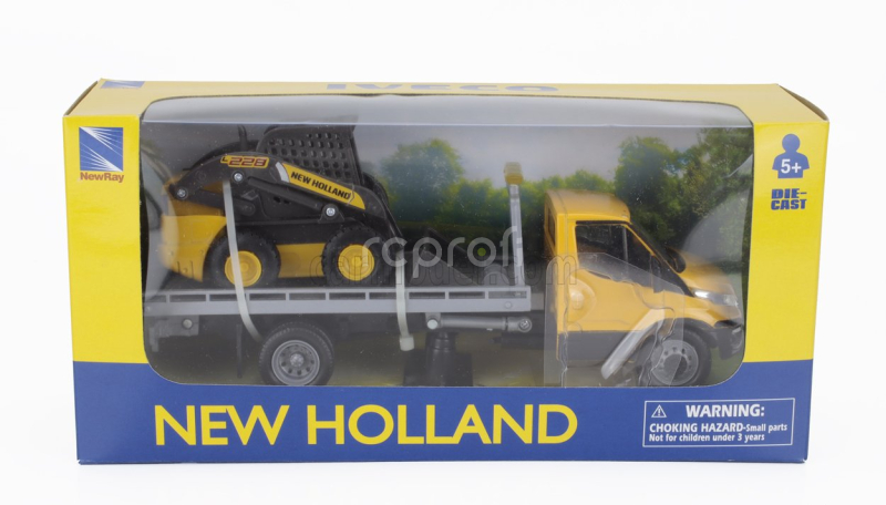 Newray Iveco fiat Daily Roll-off Pianale 2023 With New Holland L228 Ruspa Gommata - Skid Steer Scraper Tractor 1:36 Žlutá Černá