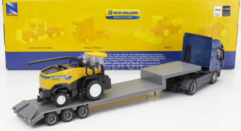 Newray Iveco fiat Stralis 540 Truck Pianale 2009 With New Holland Fr920 Mietitrebbia Gommata Harvester 1:43 Modrá Žlutá Černá