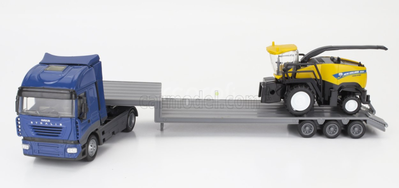 Newray Iveco fiat Stralis 540 Truck Pianale 2009 With New Holland Fr920 Mietitrebbia Gommata Harvester 1:43 Modrá Žlutá Černá