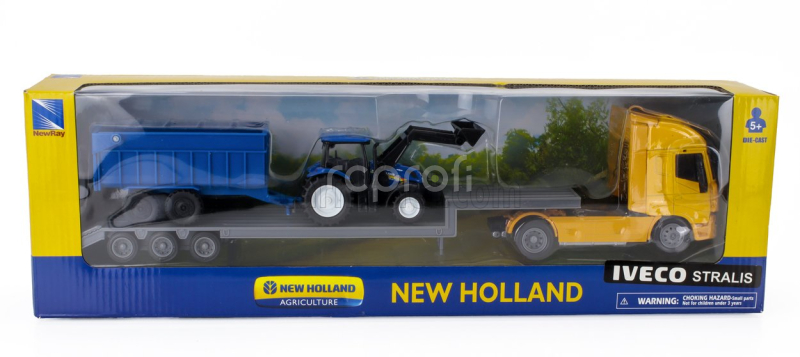 Newray Iveco fiat Stralis 540 Truck Pianale 2009 With New Holland T6.175 Tractor + Trailer 1:43 Žlutá Modrá Černá