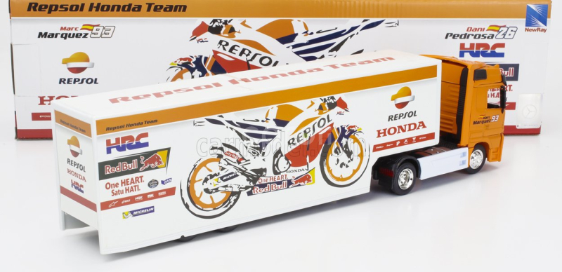 Newray Mercedes benz Actros 1857 Truck Team Honda Rc213v Repsol Bike Transporter N 93 World Champion Marc Marquez - N 26 Dani Pedrosa Season 2017 1:43 Oranžová Bílá