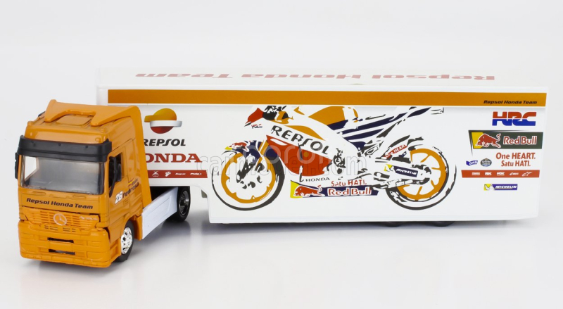 Newray Mercedes benz Actros 1857 Truck Team Honda Rc213v Repsol Bike Transporter N 93 World Champion Marc Marquez - N 26 Dani Pedrosa Season 2017 1:43 Oranžová Bílá