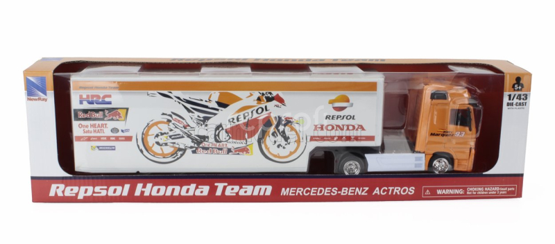 Newray Mercedes benz Actros 1857 Truck Team Honda Rc213v Repsol Bike Transporter N 93 World Champion Marc Marquez - N 26 Dani Pedrosa Season 2017 1:43 Oranžová Bílá