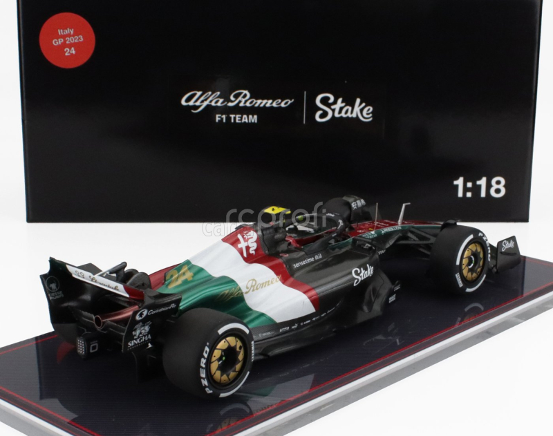 Nzg Alfa romeo F1  C43 Team Stake N 24 Monza Italy Gp 2023 Guanyu Zhou - Con Vetrina - With Showcase 1:18 Černá Červená Bílá Zelená