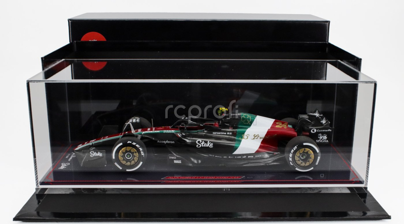 Nzg Alfa romeo F1  C43 Team Stake N 24 Monza Italy Gp 2023 Guanyu Zhou - Con Vetrina - With Showcase 1:18 Černá Červená Bílá Zelená