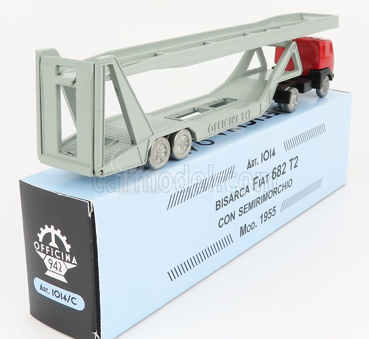 Officina-942 Fiat 682 T2 Truck Bisarca Car Transporter 1955 1:76 Červená Stříbrná