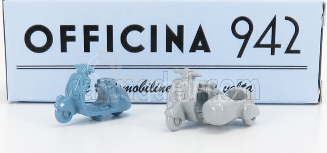 Officina-942 Piaggio Set 2x Vespa 98 + Vespa 98 Sidecar 1946 1:76 Světle Modrá Světle Šedá