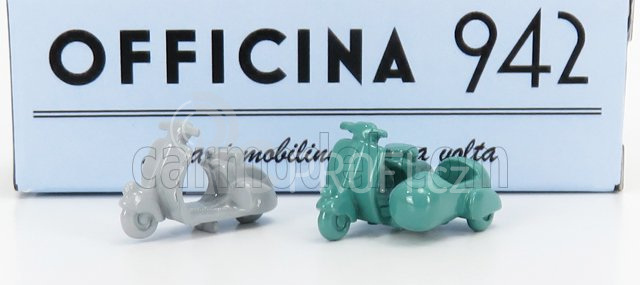 Officina-942 Piaggio Set 2x Vespa 98 + Vespa 98 Sidecar 1946 1:76 Světle Šedozelená
