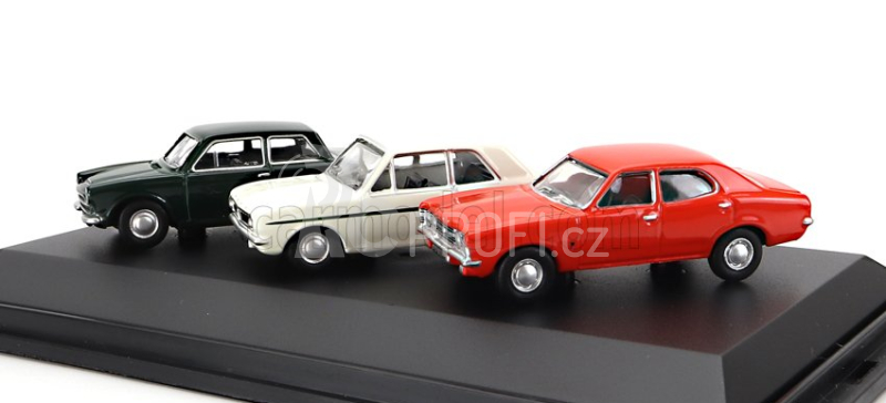 Oxford-models Ford england Set 3x Cortina Mki 1962 - Mkii 1967 - Mkiii 1973 1:76 Zelená Bílá Oranžová