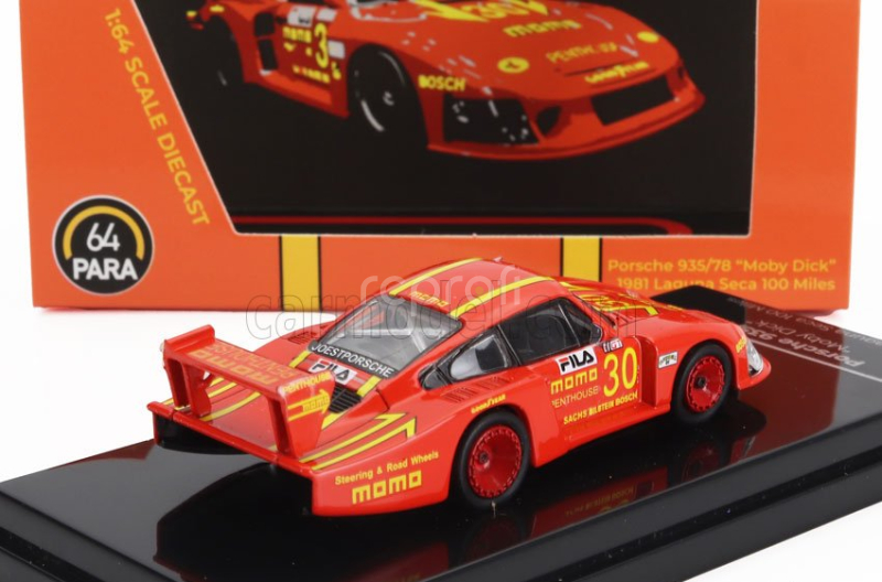 Paragon-models Porsche 935/78-81 3.2l Turbo Moby Dick Team Momo Penthouse N 30 100 Miles Laguna Seca 1981 Gianpiero Moretti 1:64 Červená Žlutá