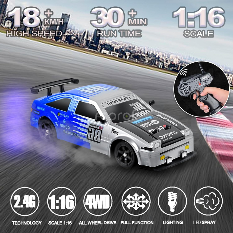 RC auto Drift Car s kouřem a LED, stříbrnomodrá