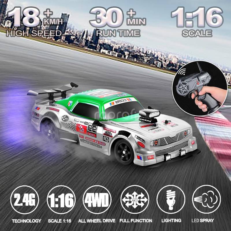 RC auto Drift Car s kouřem a LED, zelenobílá