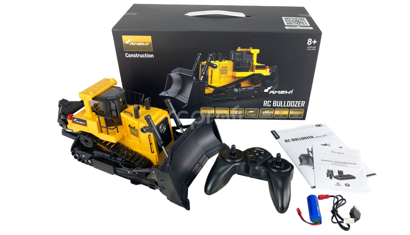 RC buldozer s funkční radlicí a zadním drapákem 1:24