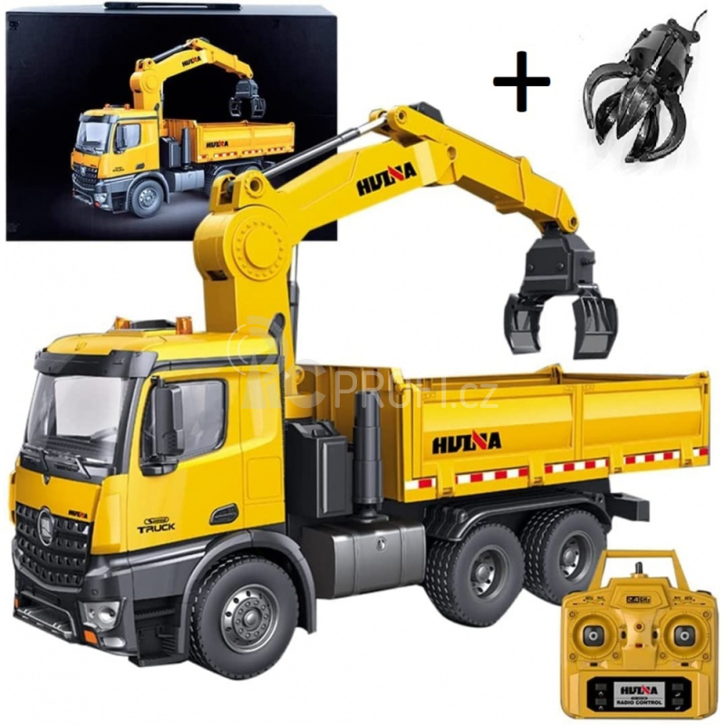 RC sklápěč s jeřábovým ramenem a drapákem