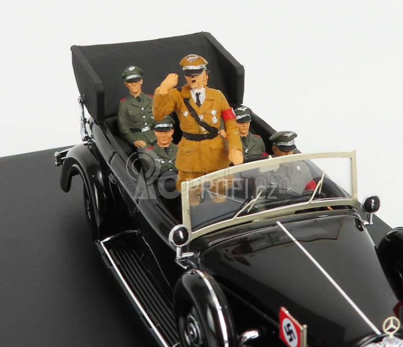 Rio-models Mercedes benz 770k Parade Cabriolet Open 1938 With Figures Adolf Hitler - Hermann Göring - Heinrich Himmler - Reinard Heydrich - Joseph Goebbels - Ss Driver Erich Kempka 1:43 Military Black