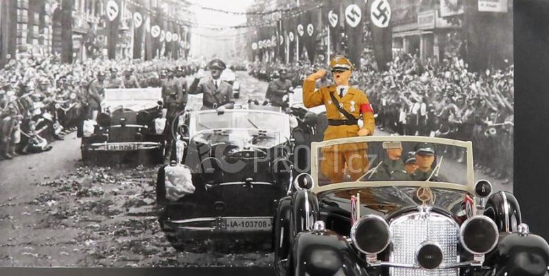 Rio-models Mercedes benz 770k Parade Cabriolet Open 1938 With Figures Adolf Hitler - Hermann Göring - Heinrich Himmler - Reinard Heydrich - Joseph Goebbels - Ss Driver Erich Kempka 1:43 Military Black