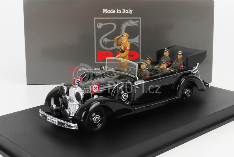 Rio-models Mercedes benz 770k Parade Cabriolet Open 1938 With Figures Adolf Hitler - Hermann Göring - Heinrich Himmler - Reinard Heydrich - Joseph Goebbels - Ss Driver Erich Kempka 1:43 Military Black