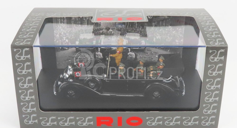 Rio-models Mercedes benz 770k Parade Cabriolet Open 1938 With Figures Adolf Hitler - Hermann Göring - Heinrich Himmler - Reinard Heydrich - Joseph Goebbels - Ss Driver Erich Kempka 1:43 Military Black