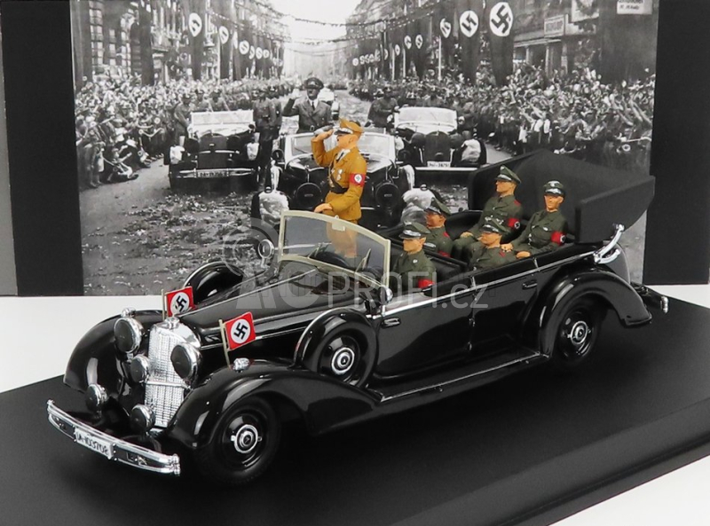 Rio-models Mercedes benz 770k Parade Cabriolet Open 1938 With Figures Adolf Hitler - Hermann Göring - Heinrich Himmler - Reinard Heydrich - Joseph Goebbels - Ss Driver Erich Kempka 1:43 Military Black
