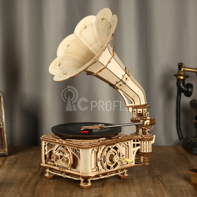 RoboTime 3D dřevěné mechanické puzzle Gramofon (ruční pohon)