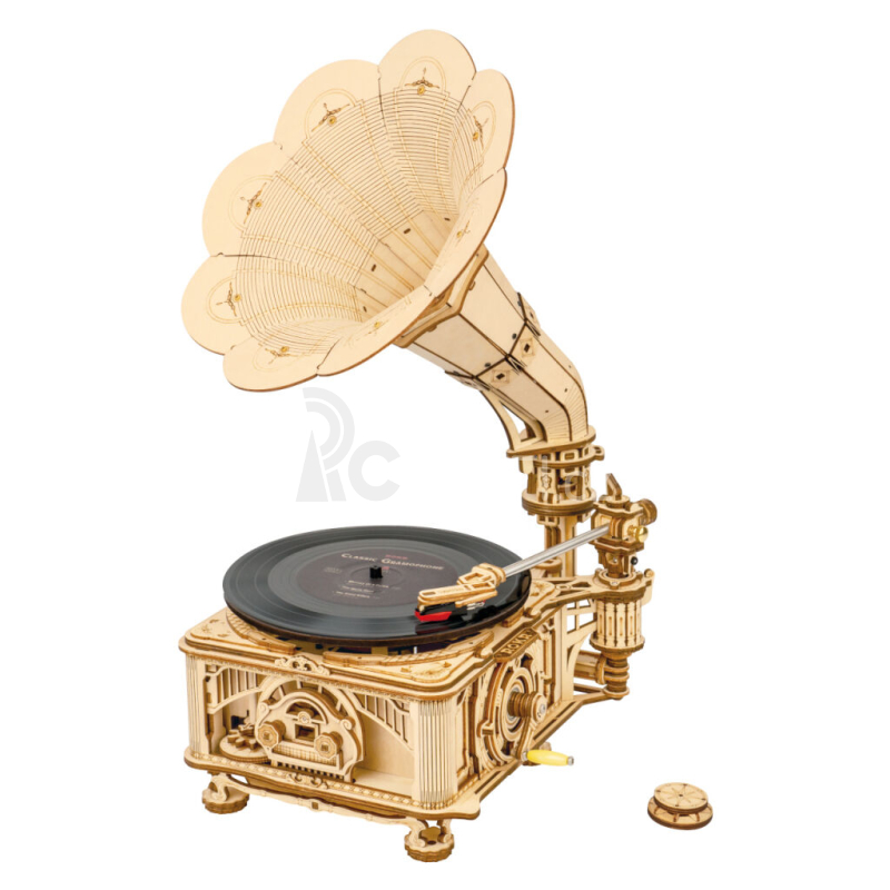 RoboTime 3D dřevěné mechanické puzzle Gramofon (ruční pohon) - poškozený obal