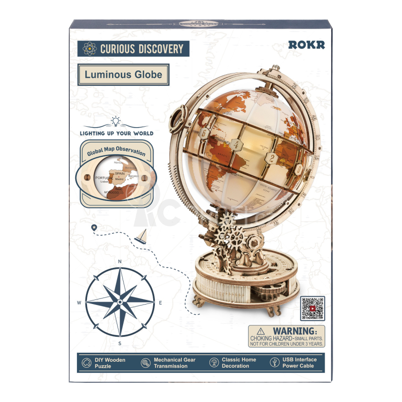 RoboTime 3D dřevěné mechanické puzzle Svítící glóbus