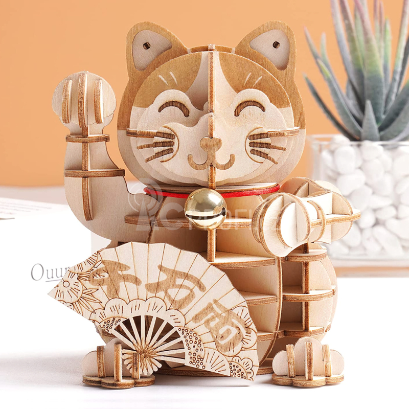 RoboTime dřevěné 3D puzzle Plutus Kočka pro štěstí