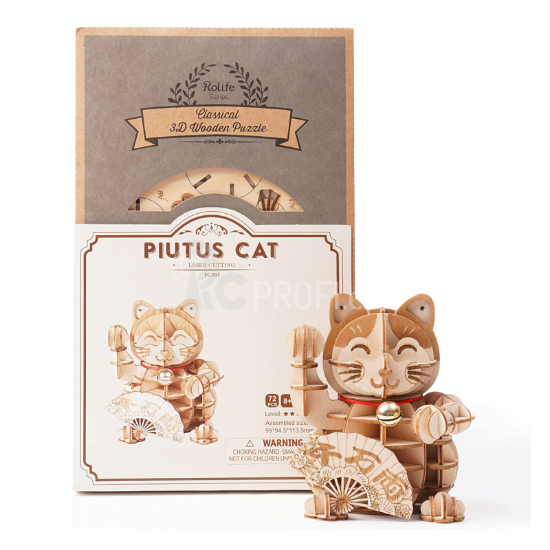 RoboTime dřevěné 3D puzzle Plutus Kočka pro štěstí