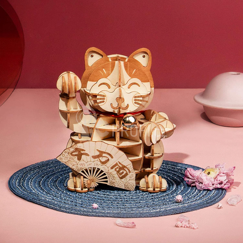 RoboTime dřevěné 3D puzzle Plutus Kočka pro štěstí