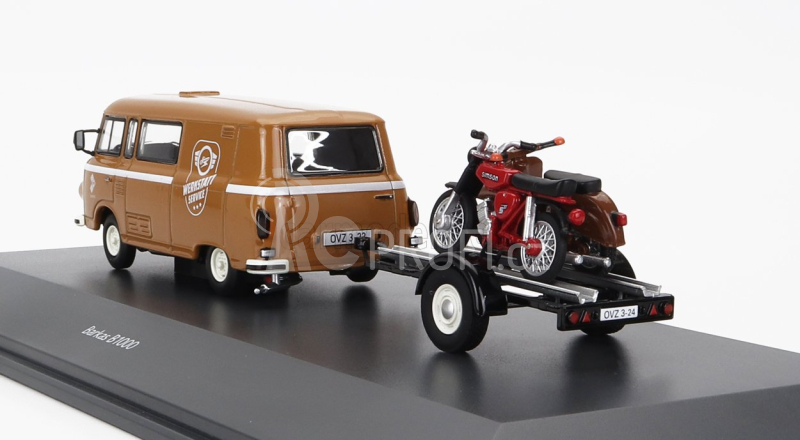 Schuco Barkas B1000 Van Werkstatt Service 1965 With Trailer + 2x Motorcycle 1:43 Světle Hnědá
