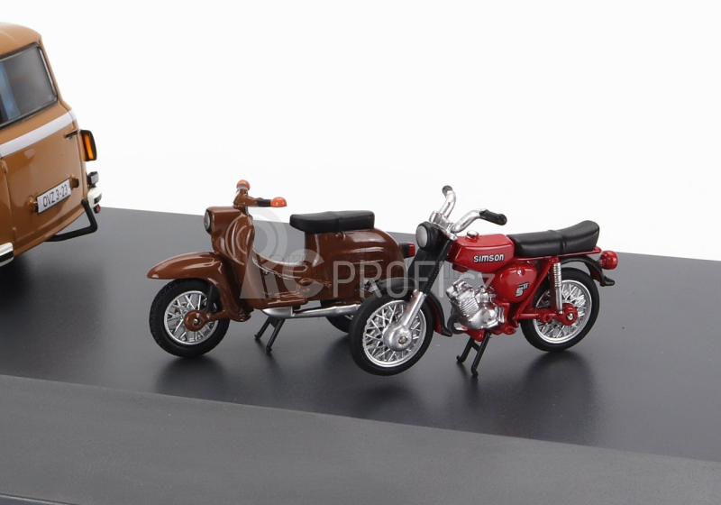 Schuco Barkas B1000 Van Werkstatt Service 1965 With Trailer + 2x Motorcycle 1:43 Světle Hnědá