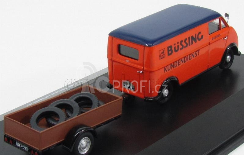 Schuco DKW F89l Van Bussing Kundendiest With Trailer And Tyres 1954 1:43 Oranžová Modrá Hnědá