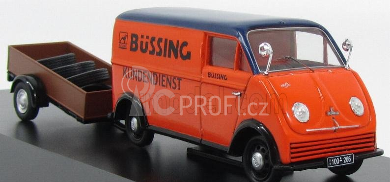 Schuco DKW F89l Van Bussing Kundendiest With Trailer And Tyres 1954 1:43 Oranžová Modrá Hnědá
