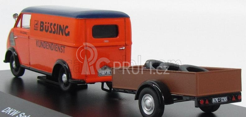 Schuco DKW F89l Van Bussing Kundendiest With Trailer And Tyres 1954 1:43 Oranžová Modrá Hnědá