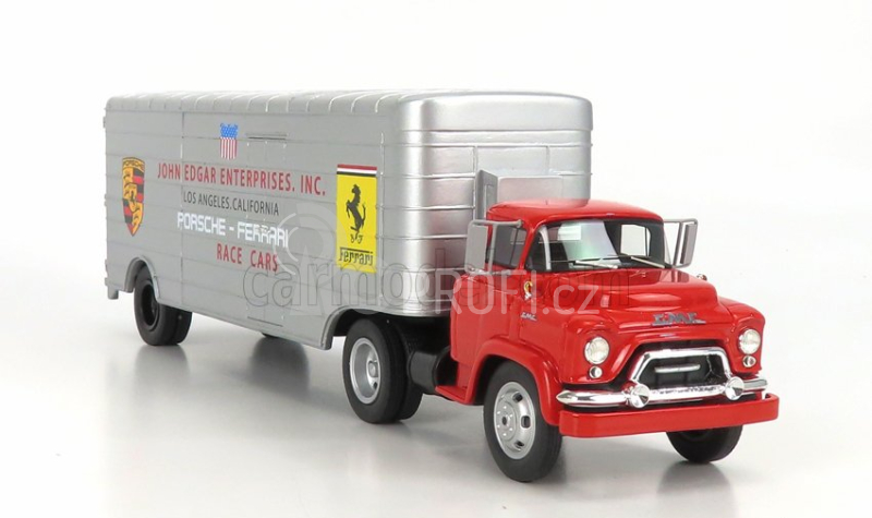 Schuco GMC Truck Car Transporter Team John Edgard Enterprises Inc. Los Angeles California Ferrari - Porsche Race Cars 1950 1:43 Červená Stříbrná