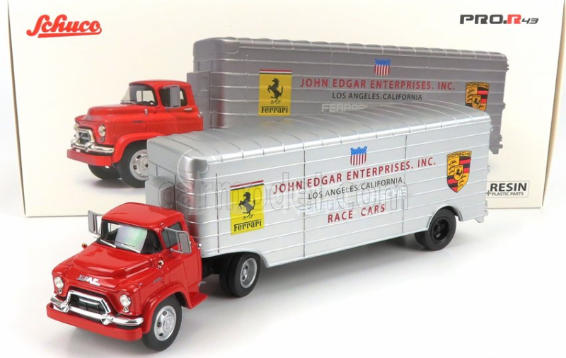 Schuco GMC Truck Car Transporter Team John Edgard Enterprises Inc. Los Angeles California Ferrari - Porsche Race Cars 1950 1:43 Červená Stříbrná