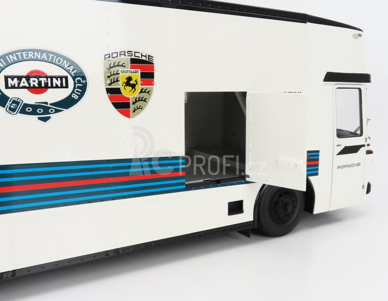 Schuco Mercedes benz O317 Truck Car Transporter Porsche Martini Racing 1968 1:18 Bílá Modrá