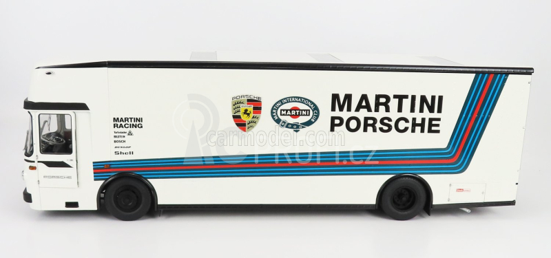 Schuco Mercedes benz O317 Truck Car Transporter Porsche Martini Racing 1968 1:18 Bílá Modrá