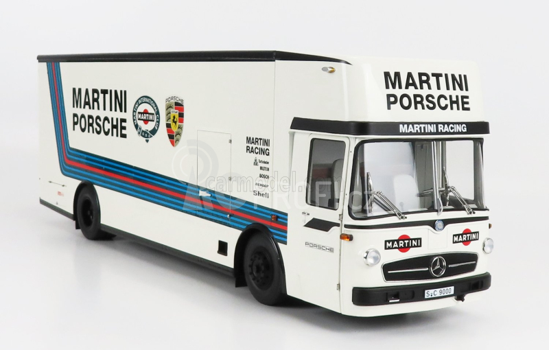 Schuco Mercedes benz O317 Truck Car Transporter Porsche Martini Racing 1968 1:18 Bílá Modrá