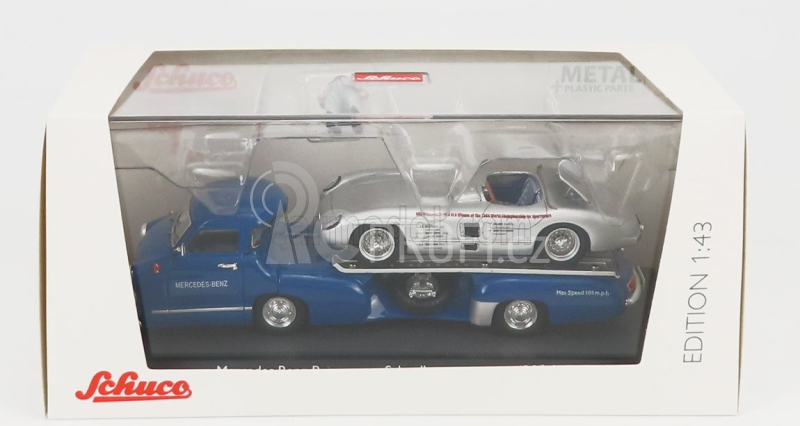 Schuco Mercedes benz Racing Car Transporter Truck Rennwagen 1955 With 300 Slr Spider 1:43 Modrá Stříbrná