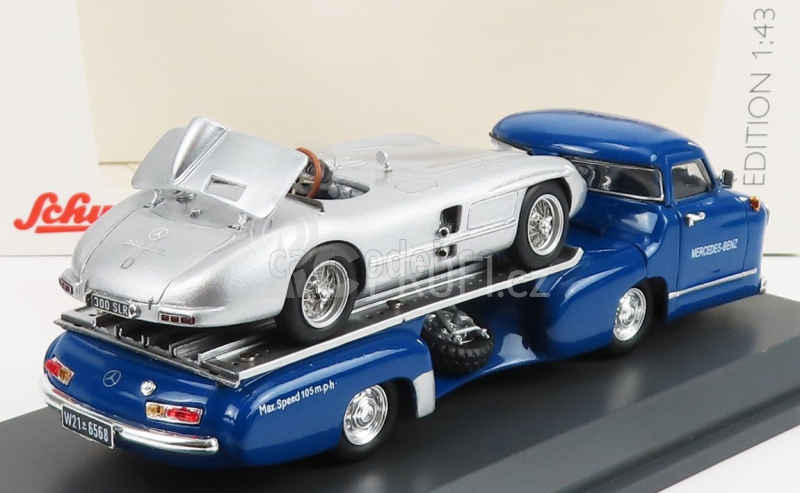 Schuco Mercedes benz Racing Car Transporter Truck Rennwagen 1955 With 300 Slr Spider 1:43 Modrá Stříbrná
