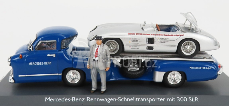 Schuco Mercedes benz Racing Car Transporter Truck Rennwagen 1955 With 300 Slr Spider 1:43 Modrá Stříbrná