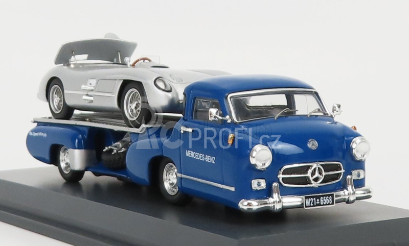Schuco Mercedes benz Racing Car Transporter Truck Rennwagen 1955 With 300 Slr Spider 1:43 Modrá Stříbrná