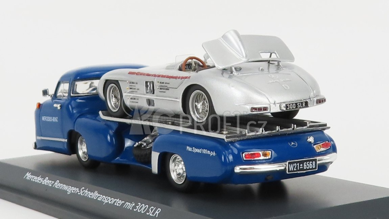 Schuco Mercedes benz Racing Car Transporter Truck Rennwagen 1955 With 300 Slr Spider 1:43 Modrá Stříbrná
