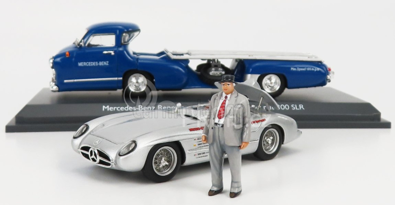 Schuco Mercedes benz Racing Car Transporter Truck Rennwagen 1955 With 300 Slr Spider 1:43 Modrá Stříbrná